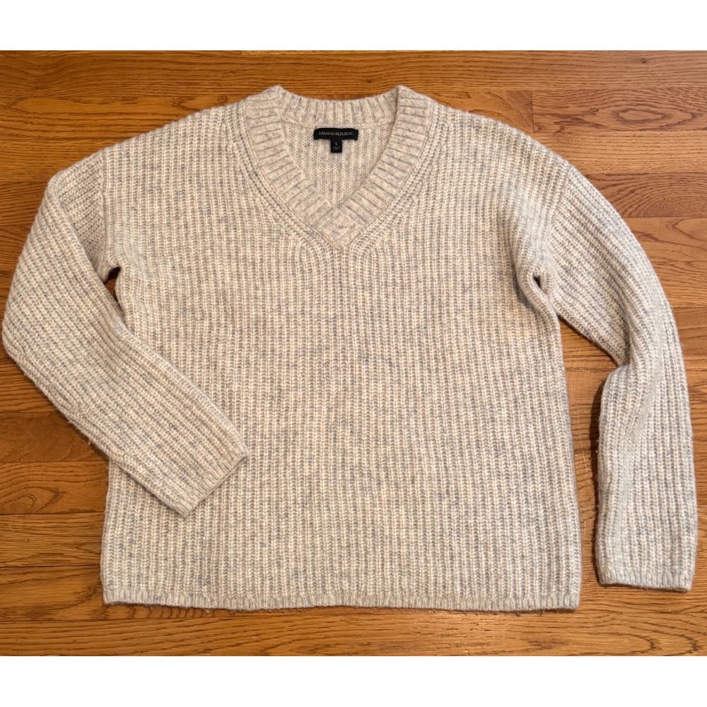 Banana Republic Merino Wool Alpaca V-Neck Shaker Stitch Sweater Oatmeal Marl S